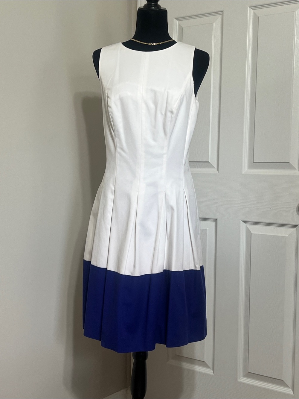 Ralph Lauren White and Royal Blue Sleeveless Pleated Colorblock Dress